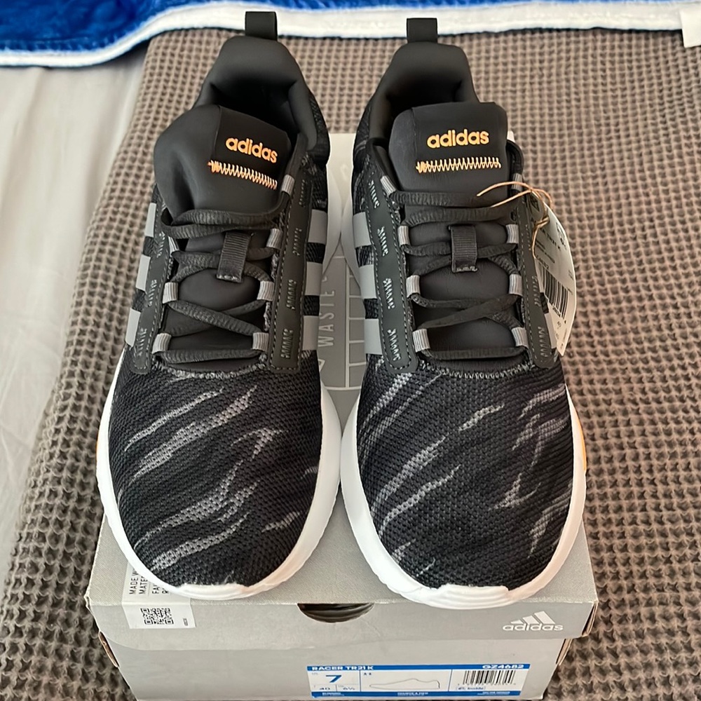Adidas RacerTR21K Black Camo with Orange Accent White Sole (new/box with tags)